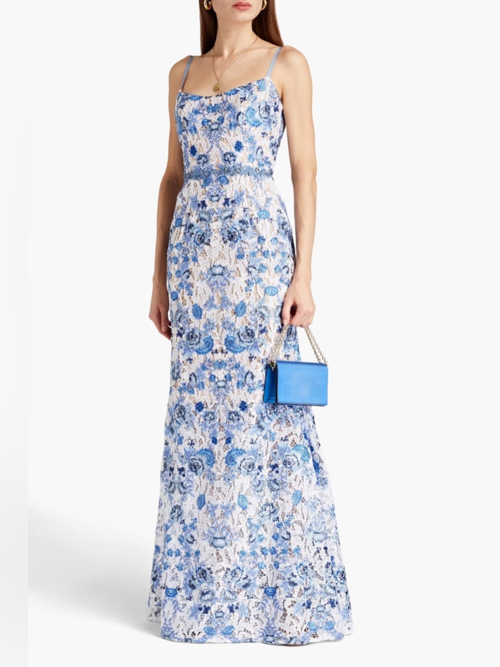 Marchesa Notte Floral Embroidered Macramé Gown In Blue White Size 10